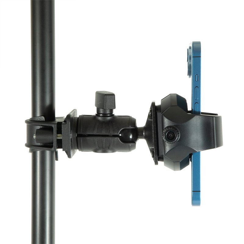 A blue smartphone is secured in a black OCTO™ Rail Mount with RoadVise® Ultra Phone Holder, which is attached to a vertical pole. The image, shown from the side against a white background, demonstrates how this handlebar-style mount can securely hold your device on the go.