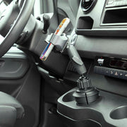 The RoadVise® Ultra Holder with Cup Holder Mount is positioned beside the driver’s seat and dashboard controls, providing easy hands-free access to your phone or tablet while on the road.