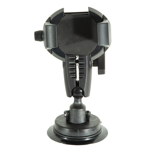 The RoadVise® Ultra Holder with Windshield Mount is a black adjustable phone holder featuring grip arms and a sturdy suction cup base for secure front-facing windshield installation.