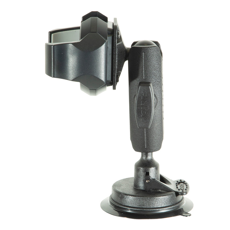 The RoadVise® Ultra Holder with Windshield Mount is a black phone holder featuring a suction cup base and adjustable arm to securely hold your smartphone on a car dashboard or windshield, shown in side view against a white background.