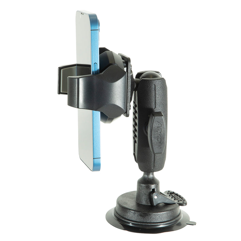 The RoadVise® Ultra Holder with Windshield Mount, in black, features a suction cup base and adjustable arm that securely grips a blue smartphone horizontally on any flat surface—ideal for hands-free use in your vehicle.