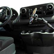 A smartphone is securely mounted using the RoadVise® Ultra Holder with Heavy-Duty Seat Rail Mount, which attaches to a vehicle’s seat rail near the console, cup holders, and dashboard controls, providing convenience and stability comparable to a heavy-duty tablet mount.