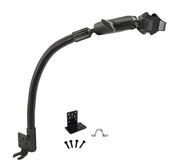 The RoadVise® Ultra Holder with Heavy-Duty Seat Rail Mount is a black flexible gooseneck mounting arm with a device holder, shown alongside mounting brackets, screws, and a small U-shaped metal clip on a white background—ideal for secure and versatile installation as a heavy-duty tablet mount or car phone holder.