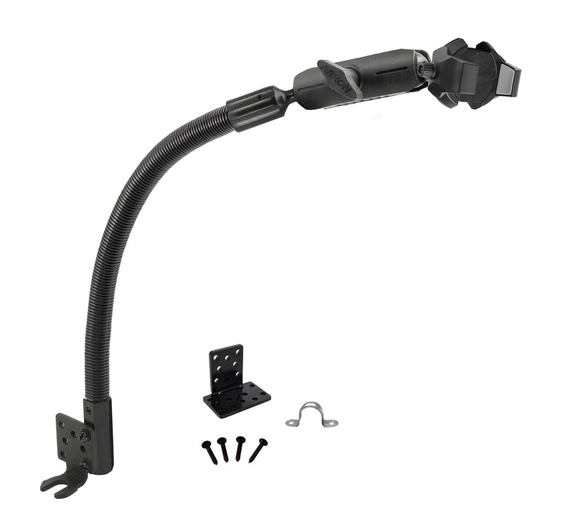 The RoadVise® Ultra Holder with Heavy-Duty Seat Rail Mount is a black flexible gooseneck mounting arm with a device holder, shown alongside mounting brackets, screws, and a small U-shaped metal clip on a white background—ideal for secure and versatile installation as a heavy-duty tablet mount or car phone holder.