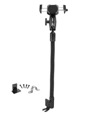 The RoadVise® Ultra Holder with Heavy-Duty Seat Rail Mount is a black adjustable tablet holder featuring a flexible gooseneck arm, mounting hardware, screws, and metal brackets—shown on a white background—making it ideal as a robust tablet mount or in-vehicle phone holder with included seat rail mount for secure car installation.