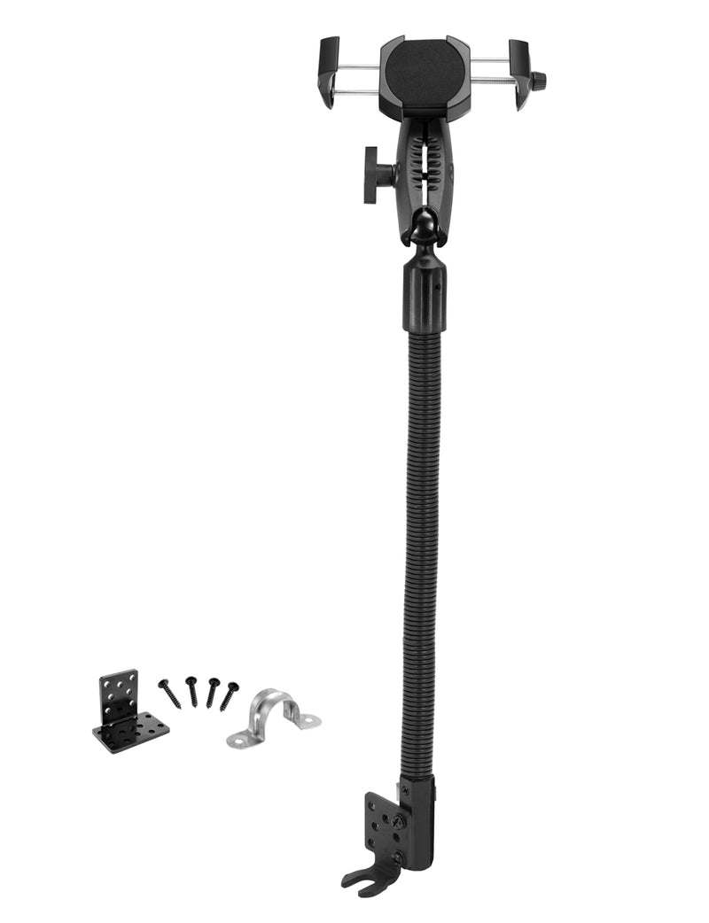 The RoadVise® Ultra Holder with Heavy-Duty Seat Rail Mount is a black adjustable tablet holder featuring a flexible gooseneck arm, mounting hardware, screws, and metal brackets—shown on a white background—making it ideal as a robust tablet mount or in-vehicle phone holder with included seat rail mount for secure car installation.