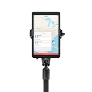 The RoadVise® Ultra Holder with Heavy-Duty Seat Rail Mount securely positions a tablet on a stand, displaying a map of the Great Lakes region with visible location pins and direction options on the screen.