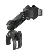 The RoadVise® Ultra Phone and Tablet Holder features a clamp mount with a security knob, rotating arm, and cushioned grip to securely attach your device to handlebars or poles for a heavy-duty hold.