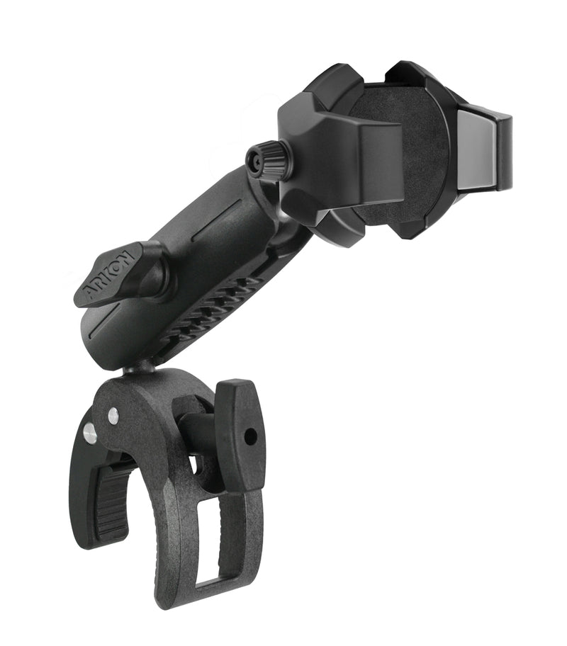 The RoadVise® Ultra Phone and Tablet Holder features a clamp mount with a security knob, rotating arm, and cushioned grip to securely attach your device to handlebars or poles for a heavy-duty hold.