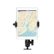 A white tablet showing a map is held upright in the RoadVise® Ultra Holder with OCTO™ Drill-Base Mount, isolated on a white background.