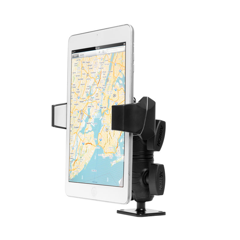 A tablet displaying a map is held upright in the RoadVise® Ultra Phone Mount with Double Socket Swivel Arm, featuring a square drill base for secure flat surface attachment.