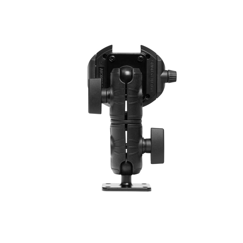 A RoadVise® Ultra Phone Mount with Double Socket Swivel Arm, black metal gimbal tripod head featuring adjustment knobs and a phone holder, shown front-facing on a plain white background.