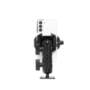 A smartphone is mounted vertically in the RoadVise® Ultra Phone Mount with Double Socket Swivel Arm, featuring sturdy black construction and adjustable knobs, shown against a plain white background.