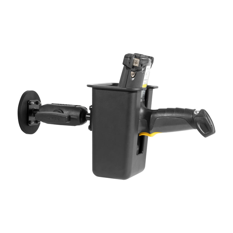 An Arkon Mounts Magnetic Mount Device & Barcode Scanner Holder in black securely holds a power tool with a yellow accent and attached battery in a horizontal position, ready for storage or charging. The wall-mounted industrial holder is designed to keep your device accessible and organized.