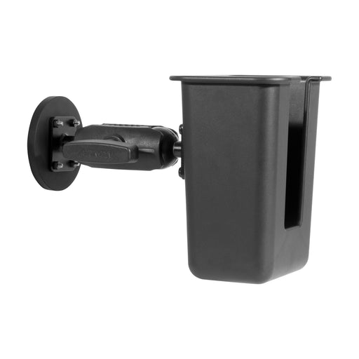 The Arkon Mounts Magnetic Mount Device & Barcode Scanner Holder is a black, wall-mounted holder with an adjustable arm, designed for securely holding beverage containers and mounting industrial devices or barcode scanners. This rectangular holder features a side slot and attaches to a round base for easy wall installation.
