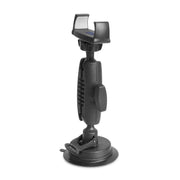 The Mobile Grip 5 Windshield Car Phone Mount with 3.75” Arm is a black suction-cup car mount featuring an adjustable arm and clamp holder, designed to securely hold devices on flat surfaces such as car dashboards or windshields.