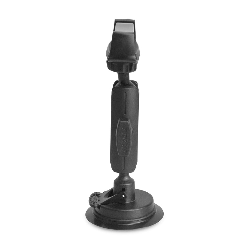 The Mobile Grip 5 Windshield Car Phone Mount with 3.75” Arm is a black suction cup car mount featuring an adjustable arm and clamp, designed to securely hold smartphones or other accessories in place on smooth surfaces.