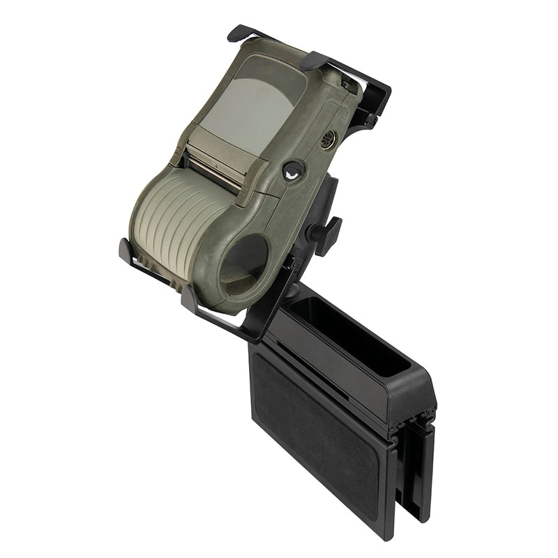 An olive-green and black portable Mobile Portable Printer Car Truck Seat Wedge Mount, featuring a ribbed grip and detachable black compartment, designed for Zebra, Epson, Brother Printers; compatible with Slim-Grip holders. Shown on a white background.