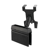 Black plastic seat mount organizer with adjustable clamp and rectangular compartment, designed to attach behind a car seat. Compatible as a Slim-Grip universal holder or portable printer mount for Zebra, Epson, Brother printers.