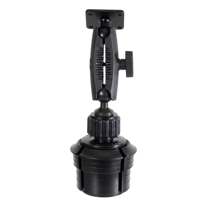 Cup Holder Mount with Metal AMPS Mounting Pattern - 25mm features a sturdy, adjustable design with a jointed arm and a round, adjustable base for securely holding devices or equipment. Compatible with AMPS device holders, this mount provides dependable support for a wide range of mounting applications.