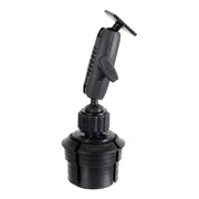The Cup Holder Mount with Metal AMPS Mounting Pattern - 25mm features a black adjustable design with a rotating base and jointed arm, ideal for securing small devices or accessories; this versatile AMPS device holder is shown against a white background.