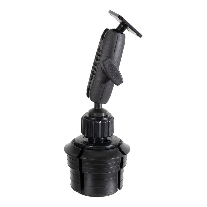 The Cup Holder Mount with Metal AMPS Mounting Pattern - 25mm features a black adjustable design with a rotating base and jointed arm, ideal for securing small devices or accessories; this versatile AMPS device holder is shown against a white background.