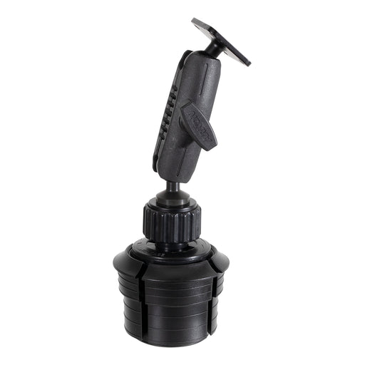 The Cup Holder Mount with Metal AMPS Mounting Pattern - 25mm features a black adjustable design with a rotating base and jointed arm, ideal for securing small devices or accessories; this versatile AMPS device holder is shown against a white background.