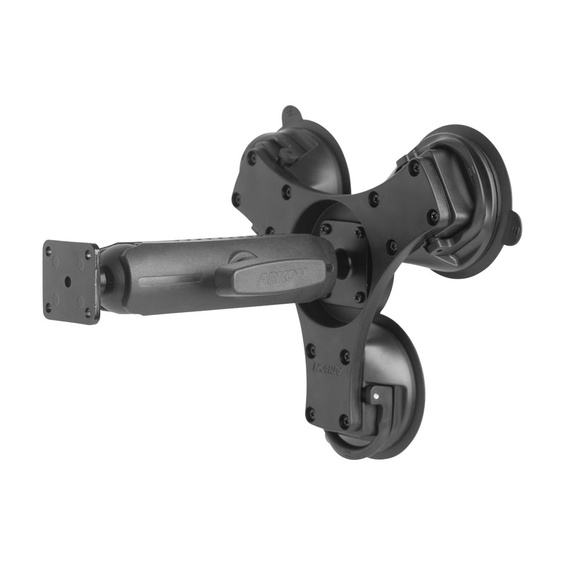 The Triple Suction Mount with AMPS Mounting Pattern and 5.75” Shaft Arm securely holds devices on smooth surfaces like windshields, featuring a black, adjustable design for stable attachment.