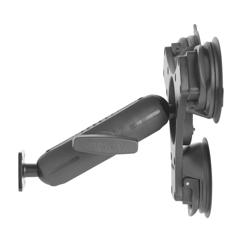 The Triple Suction Mount with AMPS Mounting Pattern and 5.75” Shaft Arm features two large suction cups, an adjustable joint, and offers secure attachment to windshields or flat surfaces. Compatible with the AMPS mounting pattern.