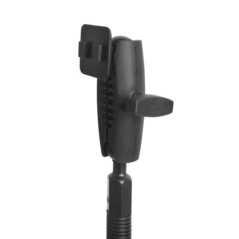 Black adjustable stand with clip on a white background