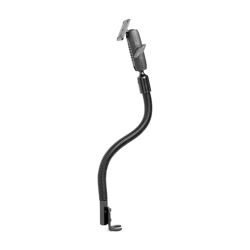 The 18” Aluminum Seat Rail Mount - AMPS Compatible features a black, flexible gooseneck with a clamp base and an AMPS pattern holder at the top, shown against a white background.