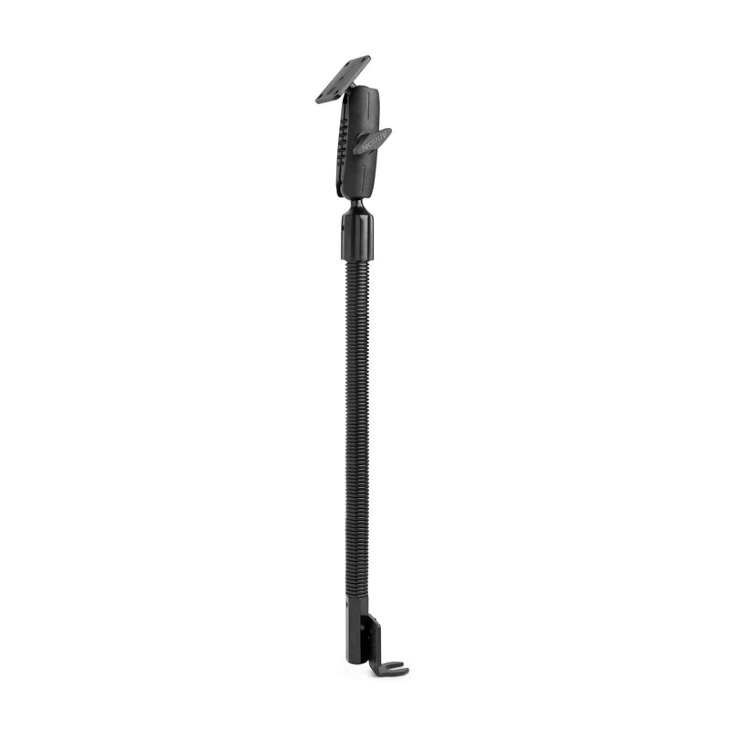 The 18” Aluminum Seat Rail Mount is a black, adjustable support rod with a curved base and top mounting plate, designed for securing seats or devices; compatible with AMPS pattern holders.