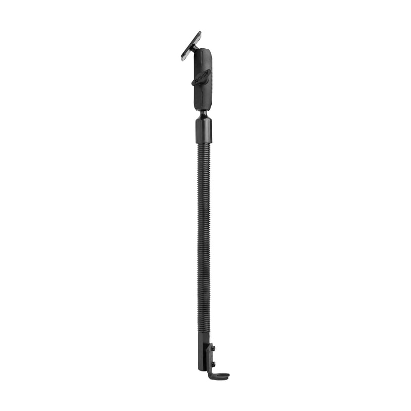 The 18” Aluminum Seat Rail Mount is a black adjustable kickstand with a spring-loaded metal shaft and mounting hardware, designed for versatile bicycle attachment and AMPS compatibility.
