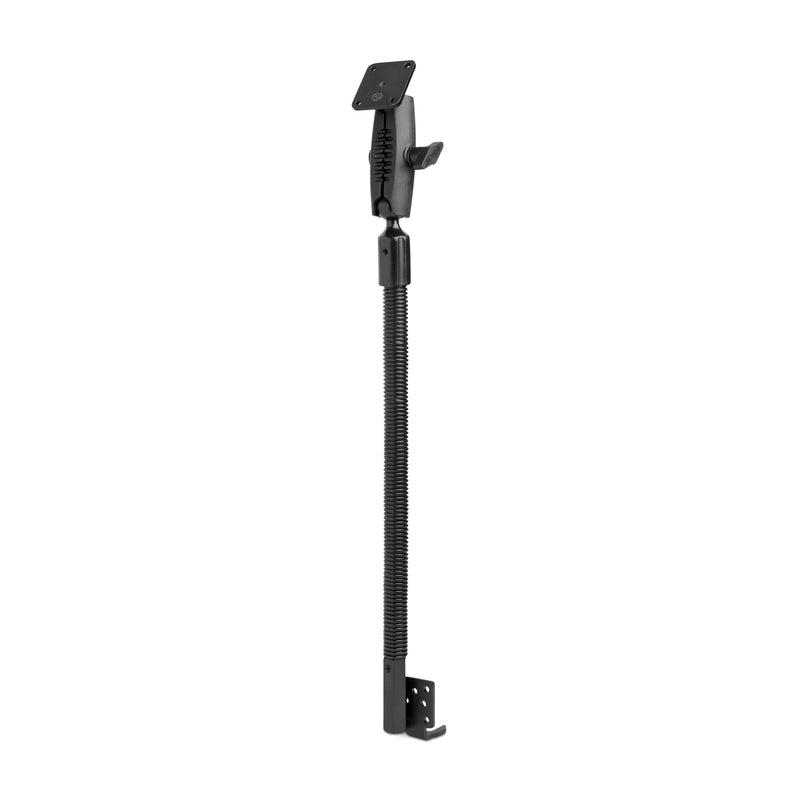 The 18” Aluminum Seat Rail Mount features an adjustable design with a flat mounting plate on one end and a U-shaped bracket on the other, ideal for supporting panels or doors and compatible with AMPS pattern device holders.