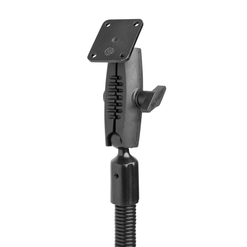 The 18” Aluminum Seat Rail Mount - AMPS Compatible features a black adjustable gooseneck, square mounting plate, gear mechanism, tightening knob, and coiled flexible base—perfect for securely holding devices with the AMPS pattern.