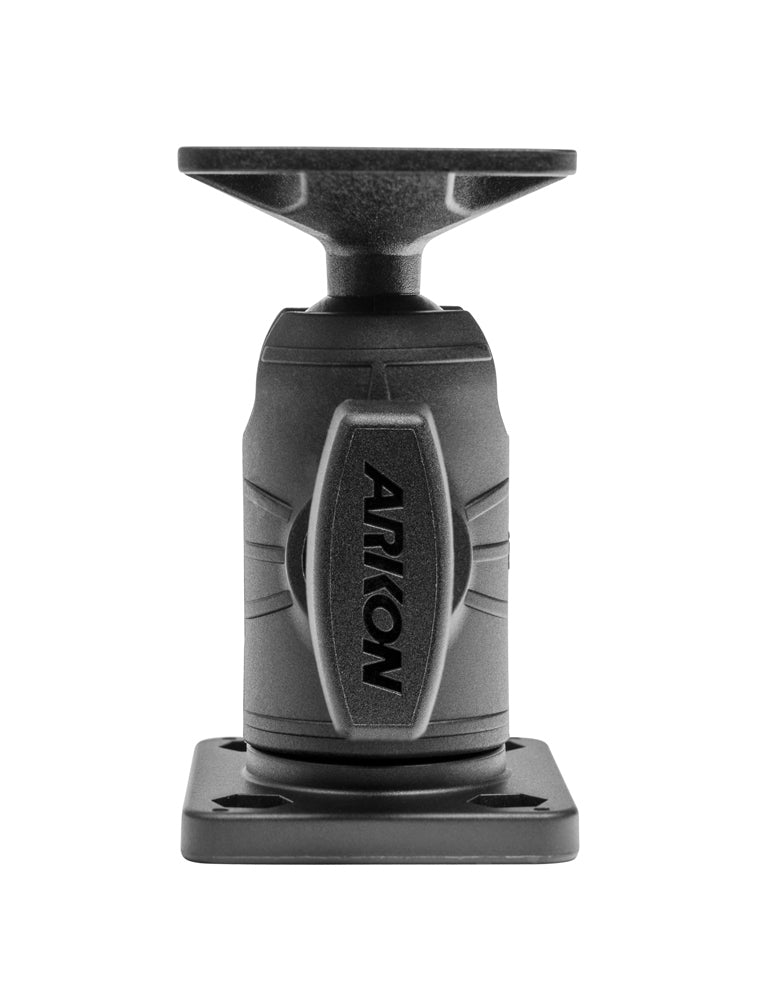 The AMPS Mounting Pattern with OCTO™ Rectangular Drill-Base Mount features a black bracket with a rectangular base, four AMPS screw holes, and a pivoting top plate, displayed against a white background.