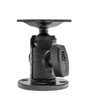 The AMPS Mounting Pattern with OCTO™ Round Drill-Base Mount is a black adjustable bracket with a swivel base, locking handle, and 4-Hole-AMPS pattern for securely attaching devices to flat surfaces.