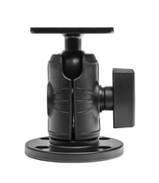 The Metal AMPS Mounting Pattern with OCTO™ Round Drill-Base Mount is a black, adjustable bracket with a side knob, flat top plate featuring a 4-Hole-AMPS pattern, ideal for securing cameras or speakers to walls or ceilings.