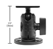 The Metal AMPS Mounting Pattern with OCTO™ Round Drill-Base Mount features a black, adjustable bracket with a 4-Hole-AMPS round base, side tightening knob, and height of 3.13 inches (78mm) indicated by a vertical line and arrows.