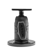 The Metal AMPS Mounting Pattern with OCTO™ Round Drill-Base Mount is a black pedestal with a round base and square top featuring the 4-Hole-AMPS pattern for secure, versatile device mounting. The Arkon logo is visible on the front.