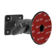 The black Arkon Mounts Octagon Adhesive Mount features a 4-Hole AMPS Plate, an adjustable arm, and a red circular 70mm 3M VHB adhesive base on the front. This wall bracket is ideal for use as a dashboard device mount, securely holding devices in place.