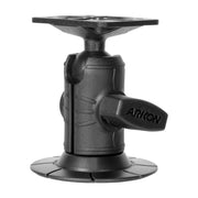The Arkon Mounts Octagon Adhesive Mount features a black plastic octagonal base with a strong 70mm 3M VHB adhesive, an adjustable joint with side knob, and a rectangular 4-Hole AMPS Plate on top for attaching devices. Ideal for dashboard mounting, its versatile design allows secure installation at multiple angles.
