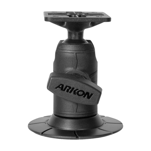 Black, adjustable Arkon Mounts Octagon Adhesive Mount with a 70mm round 3M VHB base features a pivot joint and an ARKON-branded tightening knob. The mount includes a flat top surface compatible with the 4-Hole AMPS Plate for attaching equipment. Sturdy construction from plastic ensures reliable dashboard mounting.