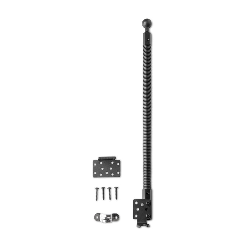The 18 Gooseneck Seat Rail Mount—compatible with 25mm balls—is shown with a long spring-loaded arm, three mounting brackets, and four screws on a white background; ideal for seat rail or floor mount setups.