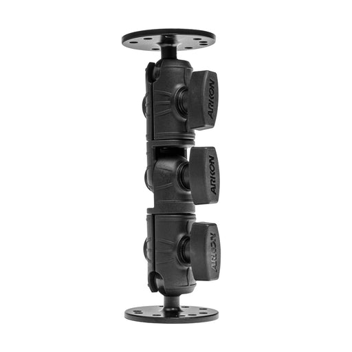 The OCTO™ Ratchet Arm with Circular Mounting Pattern is a black, three-jointed extension arm featuring circular mount plates and ARKON branding on the knobs—perfect for securely mounting AMPS-compatible devices.