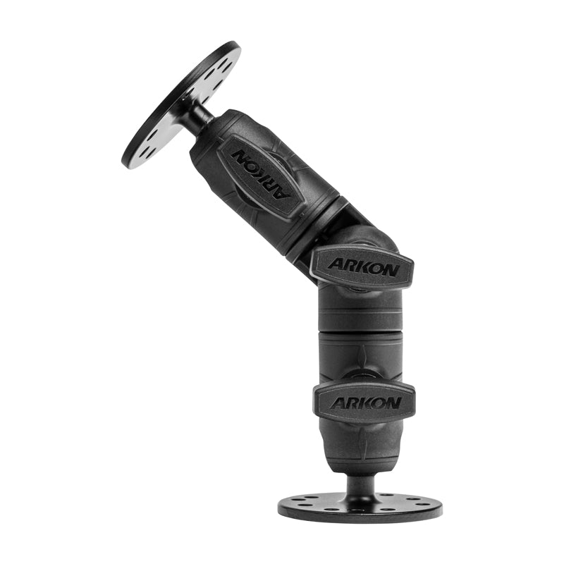 The black OCTO™ Ratchet Arm with two swiveling joints and circular mounting plates securely mounts AMPS-compatible devices, offering adjustable positioning for versatile installations.