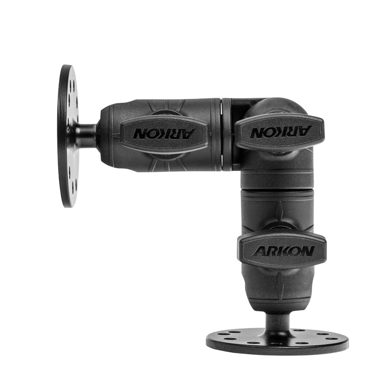 A black, adjustable OCTO™ Ratchet Arm with circular mounting plates, joints, and tightening knobs for AMPS-compatible devices is shown in side profile against a white background.