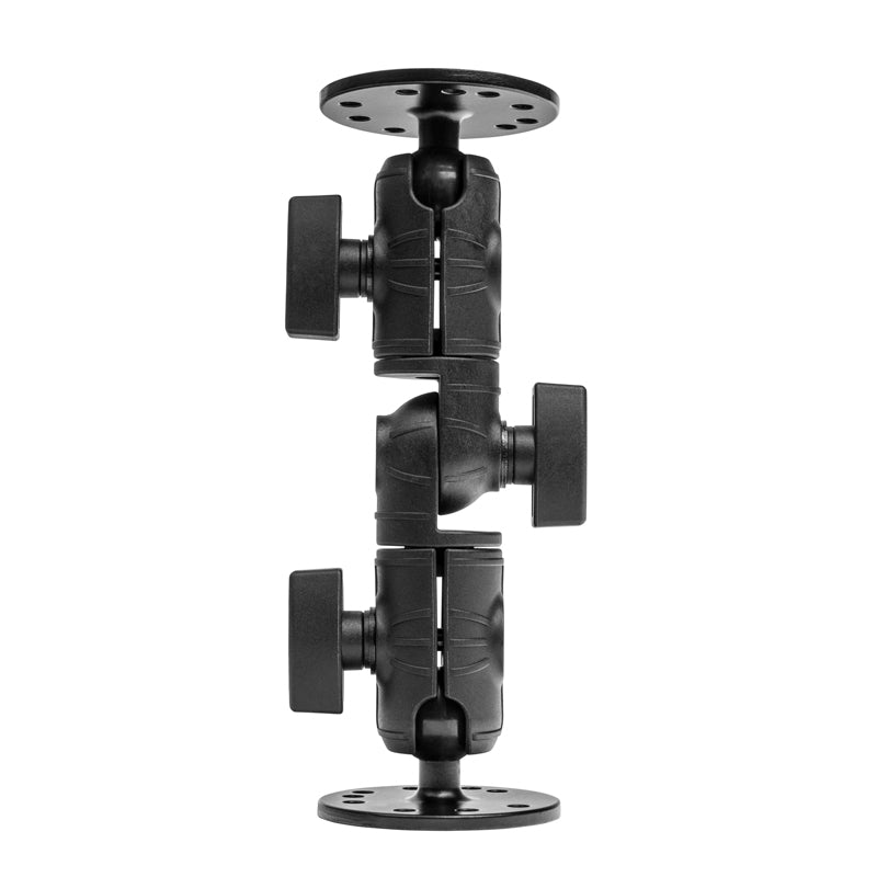 The OCTO™ Ratchet Arm with Circular Mounting Pattern is a black, three-segment arm with large tightening knobs and circular plates, perfect for secure positioning of AMPS-compatible devices.