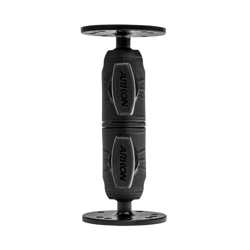 The Double Socket Swivel Arm with Circular Mount Plates is a black, cylindrical connector featuring two flat circular mount plates and ARKON branding on its center grip sections for secure device mounting.