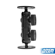 The black Double Socket Swivel Arm with Circular Mount Plates allows device mounting with two round plates and tightening knobs, shown vertically on a white background displaying the Arkon Mounts logo in the bottom right.
